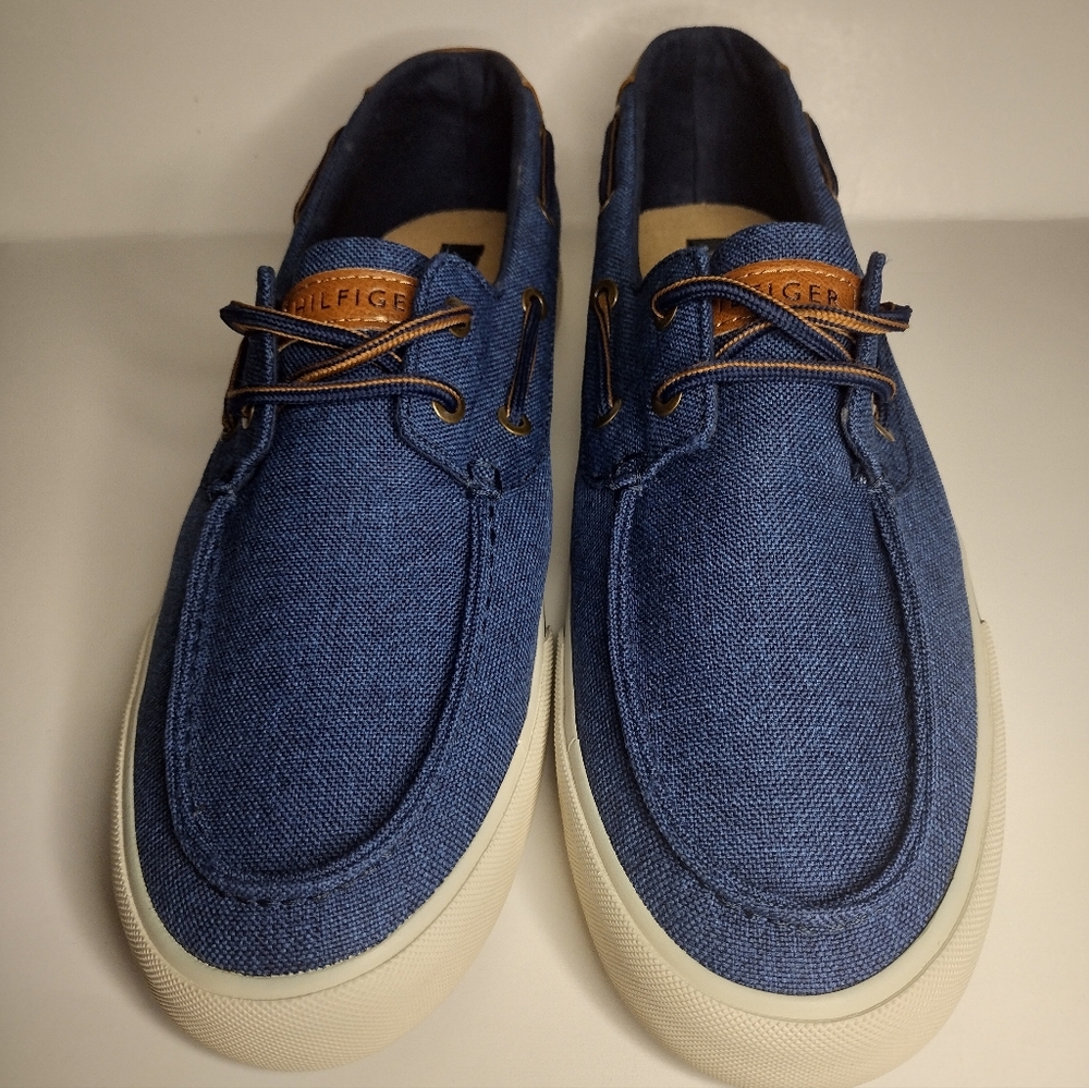 TOMMY HILFIGER Men's Dark Blue Texture Canvas Fabric Boat Deck Shoes - Picture 3 of 5